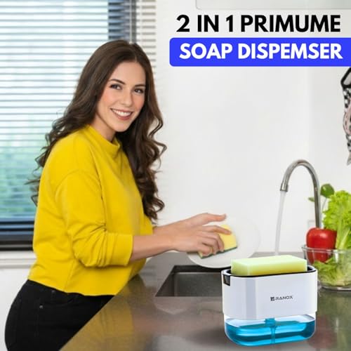 Image of Ranox Soap Dispenser for Kitchen Sink Accessories, Dish Wash Liquid Dispenser Pump 400ml with Sponge Holder, Bathroom Soap Dispensers, Kitchen Sink Organizer (White (Dishwasher))