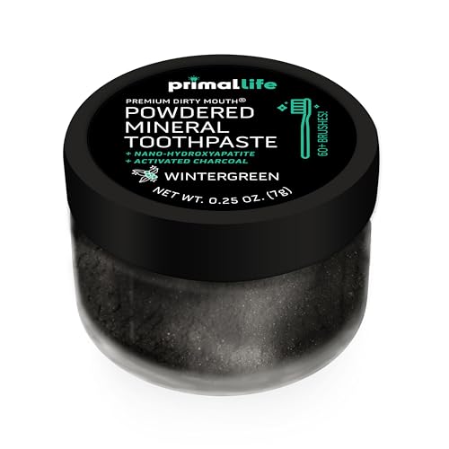 Image of Primal Life Organics - Dirty Mouth Toothpowder, Activated Charcoal Tooth Cleaning Powder, Essential Oils Natural Kaolin Bentonite Clay, 60+ Brushings, Organic Vegan (Charcoal Wintergreen, 0.25 oz)