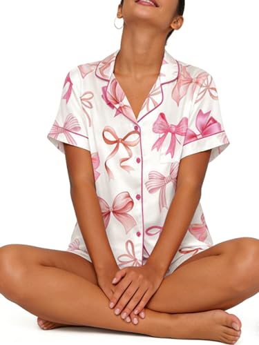 Image of Yiulangde Women's Easter Pajamas 2 Piece Sets Satin Short Sleeve Preppy Easter Eggs Bunny PJs Outfit Button Up Loungewear Set