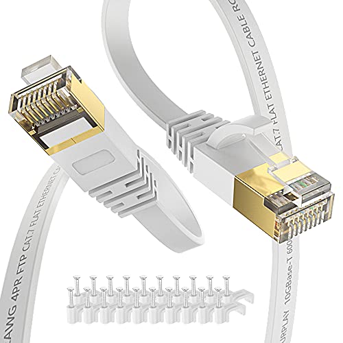 Cat7 30FT Ethernet Cable White-10Gbps Shielded & Ground Wire Internet Flat Cord for Long Distance,Ultra Slim Cat 7 LAN Line with Gold -Plated RJ45 for PS5,Xbox,NAS,Cat6A(20 Clips)