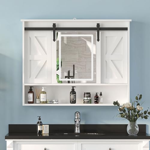 Mepplzian Badezimmer-Spiegelschrank mit Beleuchtung, Spiegelschrank mit Schiebetür für das Badezimmer, 3-Farbiger LED-Wandschrank mit Spiegel zur Wandmontage für Küche/Waschküche, 90 x 15 x 70 cm