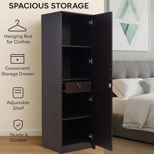 Image of AAVATAR Single Door Wooden Cupboard for Home | Wenge Finish Engineered Wood Almirah with Lock & Handle | Storage Shelves & Drawer | Size 72x16x16 Inch
