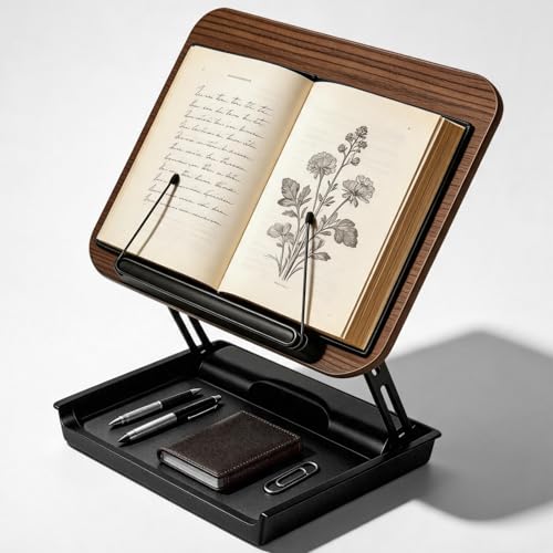 VETOLAKA Atril para leer, 360° con base de madera giratoria 360° y caja de almacenamiento, soporte de lectura ajustable con pinza elástica, adecuado para revistas y tabletas