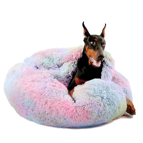 Image of Himax Dog Beds for Large Dogs, Donut Dogs Beds with Blanket Attached, Calming Round Dog Bed Washable(20 inch /26 inch /35 inch) Multicolor