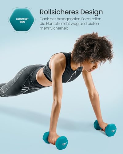 SONGMICS Kurzhantel Set, Hexagon, mit Hantelständer, 2 x 1 kg, 2 x 2 kg, 2 x 3 kg, mattes Finish, Neopren-Beschichtung, Krafttraining, zu Hause, limettengrün, aquamarin und hellgrau SYL612GN