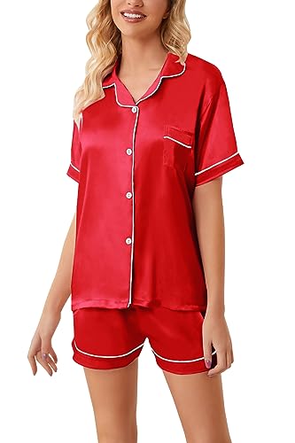 Image of Girls & Womens Satin Pajamas Set, Silk Button-Down Sleepwear 2 Piece Nightwear, 3 Years - Women XXL