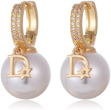 GAUEIOUR D Pearl Dangle Earrings,Pearl Shell Pearl Full Diamond Ear Buckle Earrings for Women, Hoop Earrings, Fashion Retro Style Copper Plated Letter D Earrings