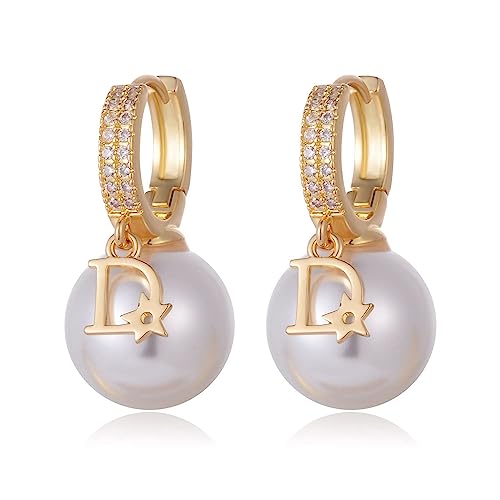 Image of GAUEIOUR D Pearl Dangle Earrings,Pearl Shell Pearl Full Diamond Ear Buckle Earrings for Women, Hoop Earrings, Fashion Retro Style Copper Plated Letter D Earrings