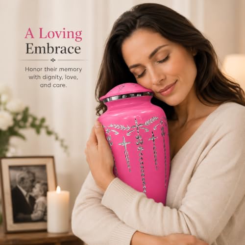 Image of ALPHA Living HOME Adult Cremation Urn for Human Ashes, Durable Aluminum Memorial Funeral Urn with Secure Screw-Top Lid, Dignified Decorative Urn for Loved Ones, Pink