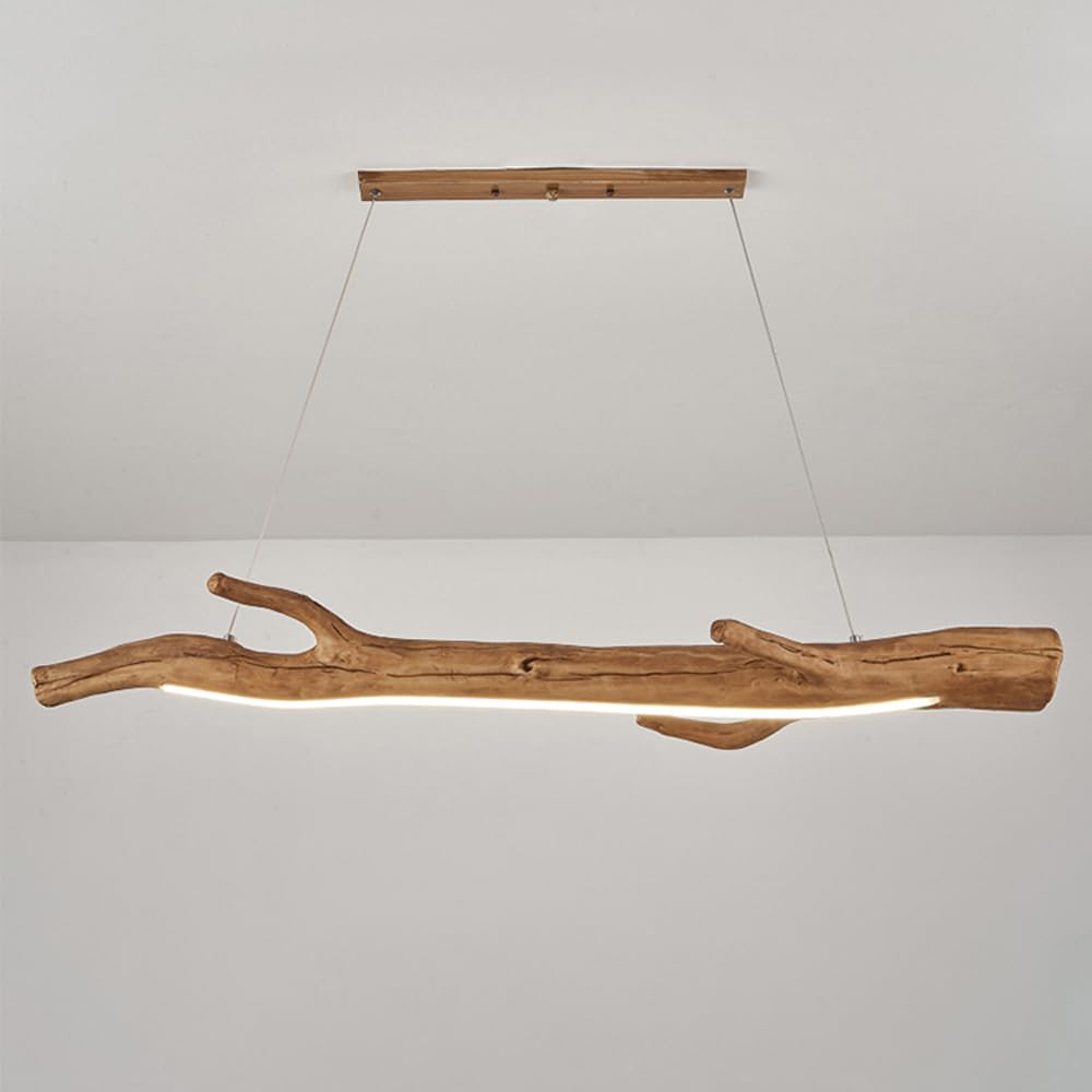 Suspension linéaire en bois et lustre LED rustique pour salle à manger