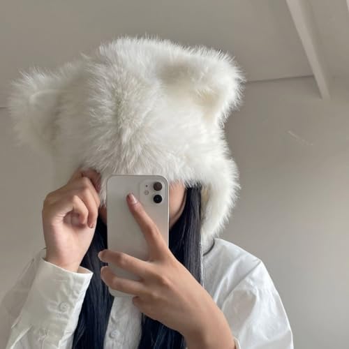 Warm Plush Furry Faux Furs Hood Hat Ears Wolf Bear Cat Halloween Costume Hat Christmas Winter Hat3