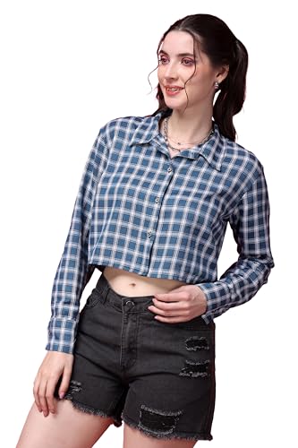 Image of POPWINGS Casual Pure Cotton Checks Crop Shirt for Women | Stylish Western Crop Shirt for Women | Full Sleeves Crop Shirt for Women