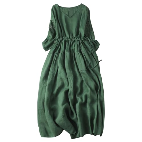 Petite Summer Linen Dresses for Women Casual 3/4 Sleeve Tie Waist Comfy  Solid Embroidery Boho Flowy Beach Midi Dress Green: Clothing, Shoes &  Jewelry