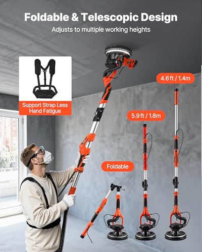 Image of VEVOR Drywall Sander, 1150W Electric Drywall Sander, Popcorn Ceiling Removal Tool with Vacuum Dust Collection, 5 Variable Speed 800-1700 RPM, LED Light, Foldable & Extendable Handle, 15 Sanding Discs