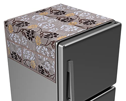 Image of Kuber Industries Floral Print Fridge Cover With Side Pockets|Fridge Top Cover|Refrigerator Cover|Washable Cotton Material|6 Utility Pockets (Beige)