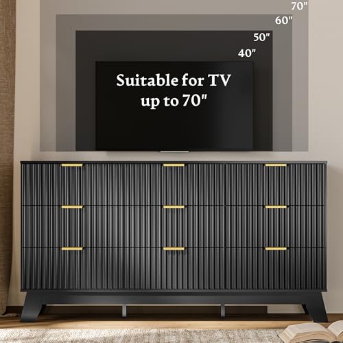 Image of HUANLEGO Fluted Dresser for Bedroom with 9 Drawers, 57 inch Mid Century Modern Dresser of Closet TV Stand, Nature Wood Dressers with Gold Handle, Boho Closet Wide Modern Chest of Drawers, Black