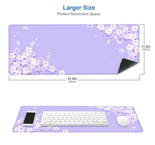 Image of IMAYONDIA Sakura Japanese Desk Mat, Cherry Blossom Large Gaming Mouse Pad, Elegant Floral Mousepad for Women, Purple Flowers Aesthetic Desk Pad for Work Decor, Game, Office, 31.5x11.8