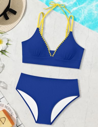 Image of KANGKANG Girls Swimsuit Bikini Set Solid Color V-Neck Two Piece Bathing Suit with Chest Pad Adjustable Straps Swimwear 7-16T