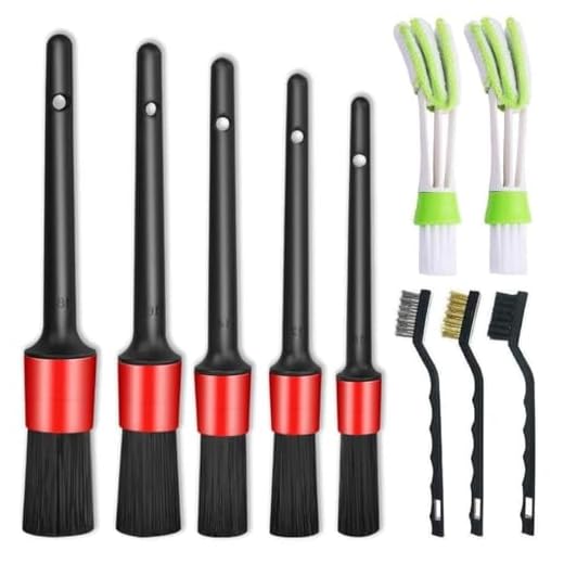 Nurkul 11 Pieces Auto Detailing Brush Set for Cleaning Wheels, Interior, Exterior, Leather, Including 6 pcs Premium Detail Brush (Black), 3 pcs Wire Brush and 2 pcs Automotive Air Conditioner Brush