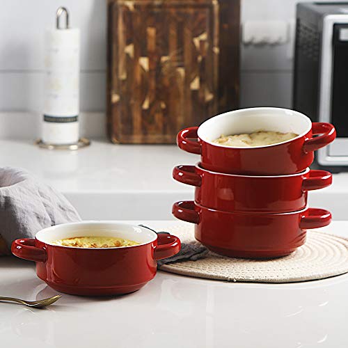 Image of Sweejar Ceramic Soup Bowls with Double Handles, 20 Oz Stacked Bowls for French Onion Soup, Cereal, Pot Pies, Stew, Chill, Pasta, Set of 4 (Red)