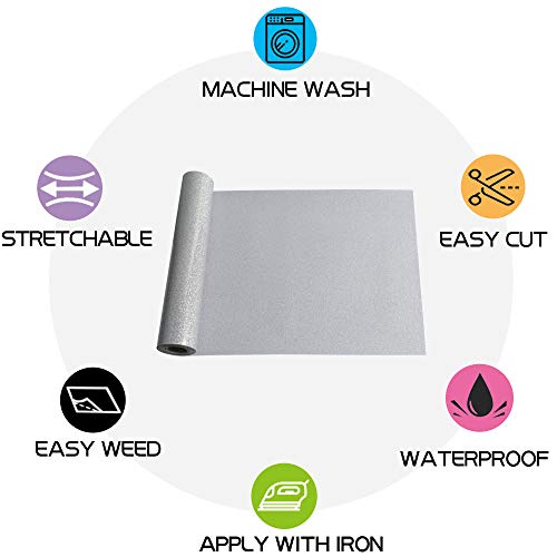 Image of RENLITONG Silver Glitter HTV Heat Transfer Vinyl Rolls - 12 Inch x 5 feet Iron on Vinyl for T-Shirt and Silhouette, Easy to Cut & Weed for Heat Transfer Design (Glitter Silver)