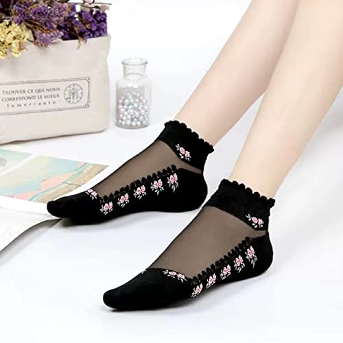 DXYAKY 5 Pairs Womens No show Socks Low Cut Girls Lace Socks Thin Nylon Mesh Socks Floral Patterned Fishnet Short Sock3