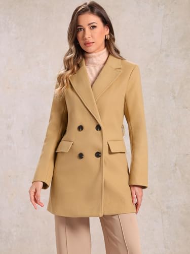 Allegra K Women's Notch Lapel Double Breasted Belted Mid Long Outwear Winter Coat2