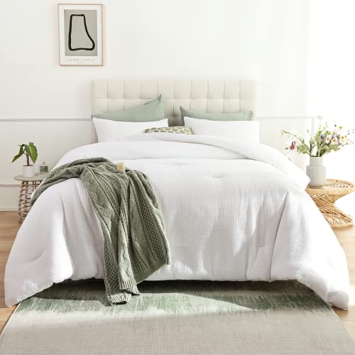 Weigelia White Comforter Set Queen Size 3Pcs Soft Cotton Waffle Comforter All Season Bed Comforter Sets For Men And Women Lightweight Boho Bedding Set (1 Comforter, 2 Pillowcases) #TOP1
