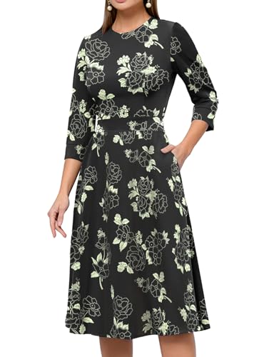 Image of Simple Flavor Women's Floral Vintage Dress Elegant Midi Evening Dress 3 /4 Sleeves