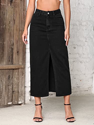Image of Shasmi Women's Elegant Blue Solid High Waist Split Thigh Denim Maxi Skirt for Women's & Girl's (Skirt 180)