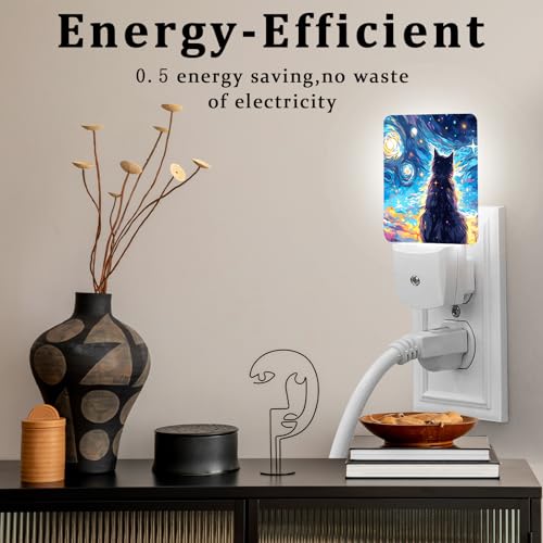 Image of Black Cat Night Light, Plug-into Wall Starry Night Nightlight Lamp with Dusk to Dawn Sensor, Led Lamp 0.5W Energy Efficient for Boys Girls Adults Home Decor