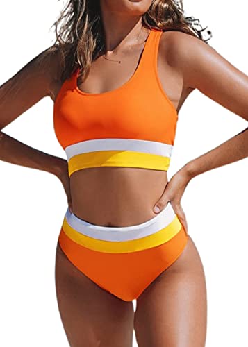 Hilinker Women s Color Block Swimsuit Cut Out Racerback High Waisted Bikini Set Orange Medium