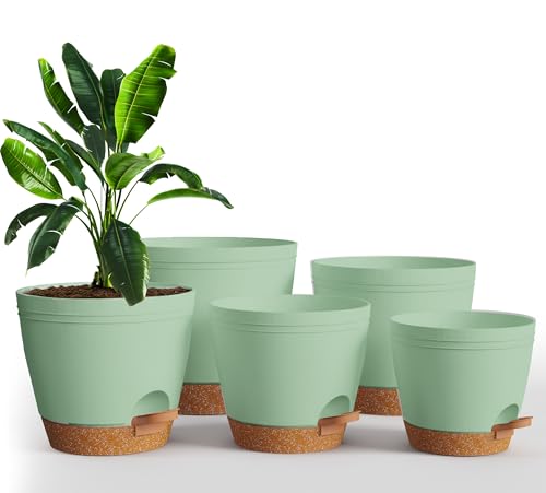 Utopia Home Self Watering Pots for Indoor Plants, Planters for Indoor Plants, Multi-Size Flowerpot, Set of 5 Plant Pots with Drainage & Reservoir, 6.8'/6.4'/5.9'/5.5'/4.9' (Olive Green)