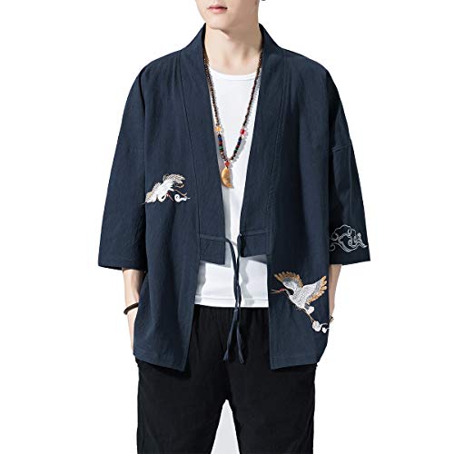 Image of PRIJOUHE Men's Kimono Jackets Cardigan Lightweight Casual Cotton Blends Linen Seven Sleeves Open Front Coat Outwear