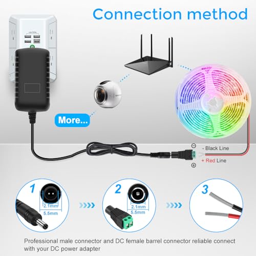 Image of 12V Power Supply, 12 Volt 3A 36W DC Power Supply, Black LED Power Adapter, AC 110V to 12V Wall Mounted Transformer Plug for LED Strip Lights with 5.5 /2.1 DC Female Connector