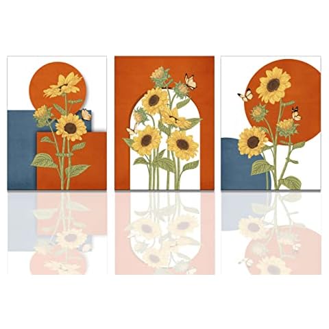Sunflower Wall Decor Canvas Wall Art for Bedroom Modern Kitchen Sunflower Decor Burnt Orange and Blue Wall Decor Sunflowers Artwork for Walls Paintings for Bedroom Decorations Wrapped 12x16inchx3pcs Cover