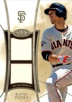 2014 Topps Tier One Dual Relics #DR-BP Buster Posey Game Worn Jersey Baseball Card - Only 50 made!