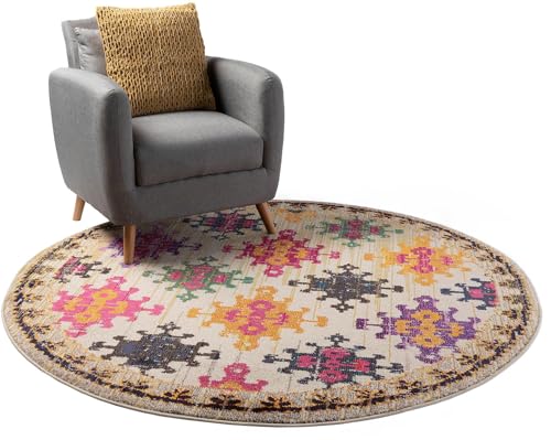 benuta Casa Nest Vintage Alfombra – Multicolor/Beige 120 cm Redonda – Alfombra para salón, Dormitorio y Pasillo – Fácil de Limpiar – Apta para calefacción por Suelo Radiante