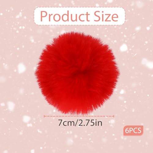 6 Stück Pompons, 7cm Kunstfell Ponpons, Bunte Pom Poms Flauschigen, Runder Pompoms für Mützen Schals Handschuhe Taschen Weihnachtsbaum Pompoms DIY Dekoration 3 Farben (Rot)