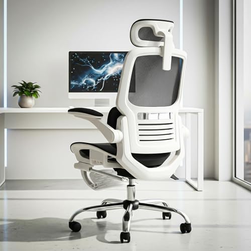 DROGO Ergonex Ergonomic Office Chair for Work from Home with Mesh, Armrest, 2D Headrest & Lumbar Support | Computer Chair for Study | Gaming Chair with Footrest & Heavy Metal Base (White/Black)