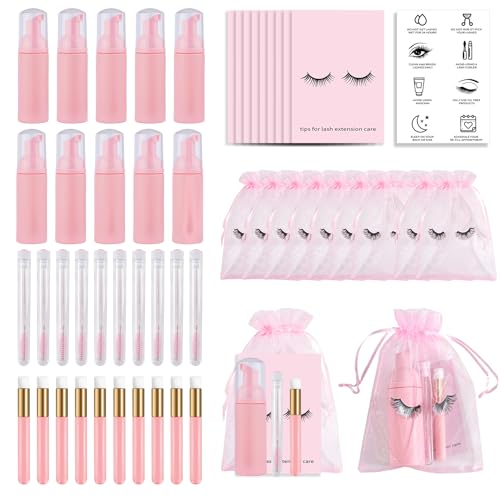 50PCS Bouteilles de shampooing pour cils Ensemble de brosses, Bouteille de shampooing pour cils vide, Brosse de nettoyage pour cils, Brosse à tube d'extension de cils, Cartes d'instructions (Rose)