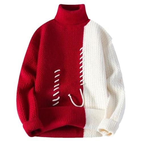 Men's Knitted High Neck Sweater Patchwork Casual Knit Pullovers Loose Warm Pull Sweaters