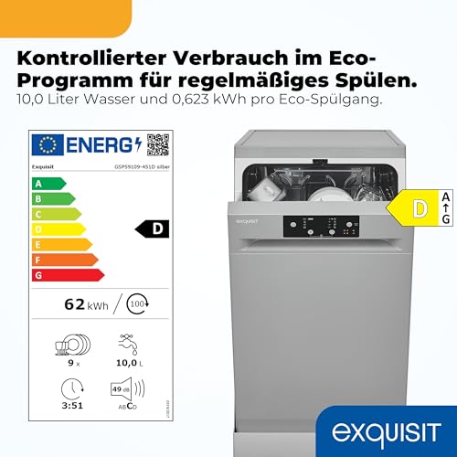 Exquisit Geschirrspüler schmal 9 Maßgedecke Energieklasse D 49 dB | Programme Eco Zeitprogramm Startzeitvorwahl Aquastop höhenverstellbarer Oberkorb Besteckkorb | GSP59109-451D silber