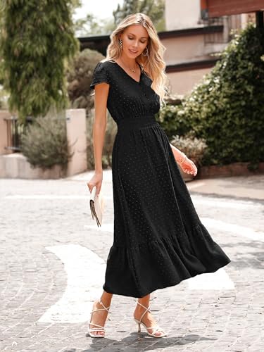 Image of PRETTYGARDEN Womens Dresses 2026 Summer Maxi Dress Boho Short Sleeve V Neck Swiss Dot Ruffle Tiered Smocked Flowy Long Dress