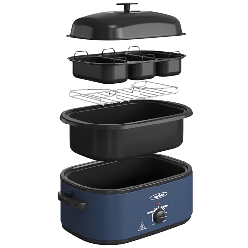 Image of Sunvivi 24 QT Electric Roaster Oven with Self-Basting Lid, 3 Compartments, and Keep Warm Function, Full-Range Temperature Control (150-450°F), Stainless Steel, Blue