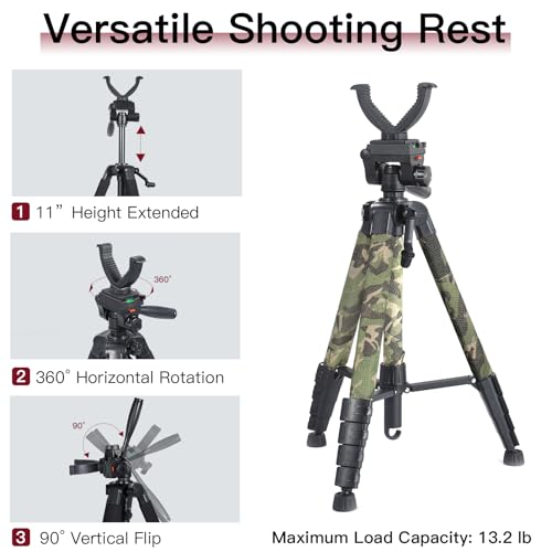 74” Rifle Shooting Tripod, Hunting Rest V Yoke Rifle Rest with 6 Ground Spikes, 2 Camo Strap, Aluminum Crossbow Shooting Stand with Durable Frame for Hunting, Shooting, and Outdoors