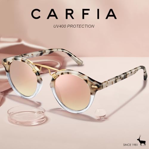 Image of CARFIA Small Face Acetate Polarized Sunglasses for Women UV Protection, Retro Double Bridge Eyewears Metal Brow Round Sunnies