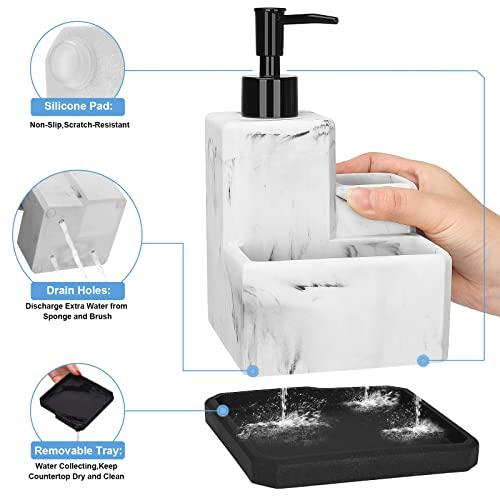 Soap Dispenser With Sponge Holder And Brush Holder,White Marble 3 In 1 Liquid Hand Dish Soap Dispenser And Sponge Holder Sink Caddy Organizer For Kitchen Bathroom,Removable Bottom Tray #TOP3