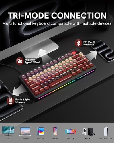 Womier 75％ワイヤレスメカニカルゲーミングキーボード、ノブ＆ディスプレイ付き、Bluetooth 5.0/2.4GHz/USB-C対応、PC用クリーミーな打鍵感のキーボード、8000mAhバッテリー、ホットスワップ対応キー、Win/Mac対応（MT75-赤）