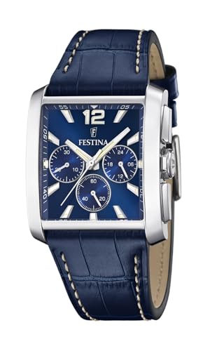 Festina Herren Uhr Analog mit Blauem Lederarmband - Quarzwerk - Chronograph...